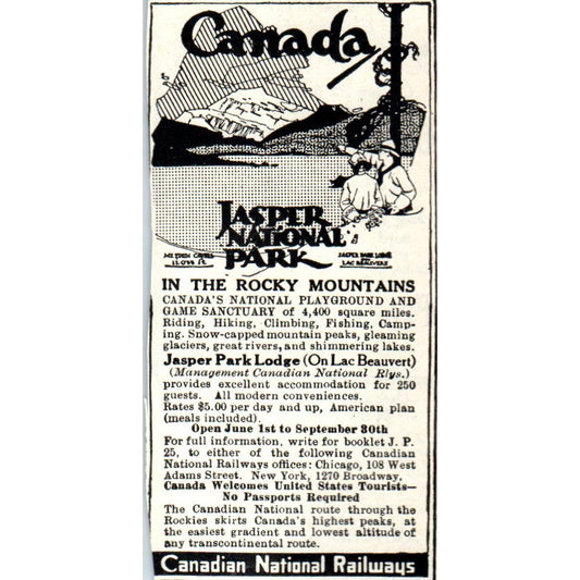 c1920 Harper's Magazine Ad Canadian National Railways Jasper National Park EA3-4