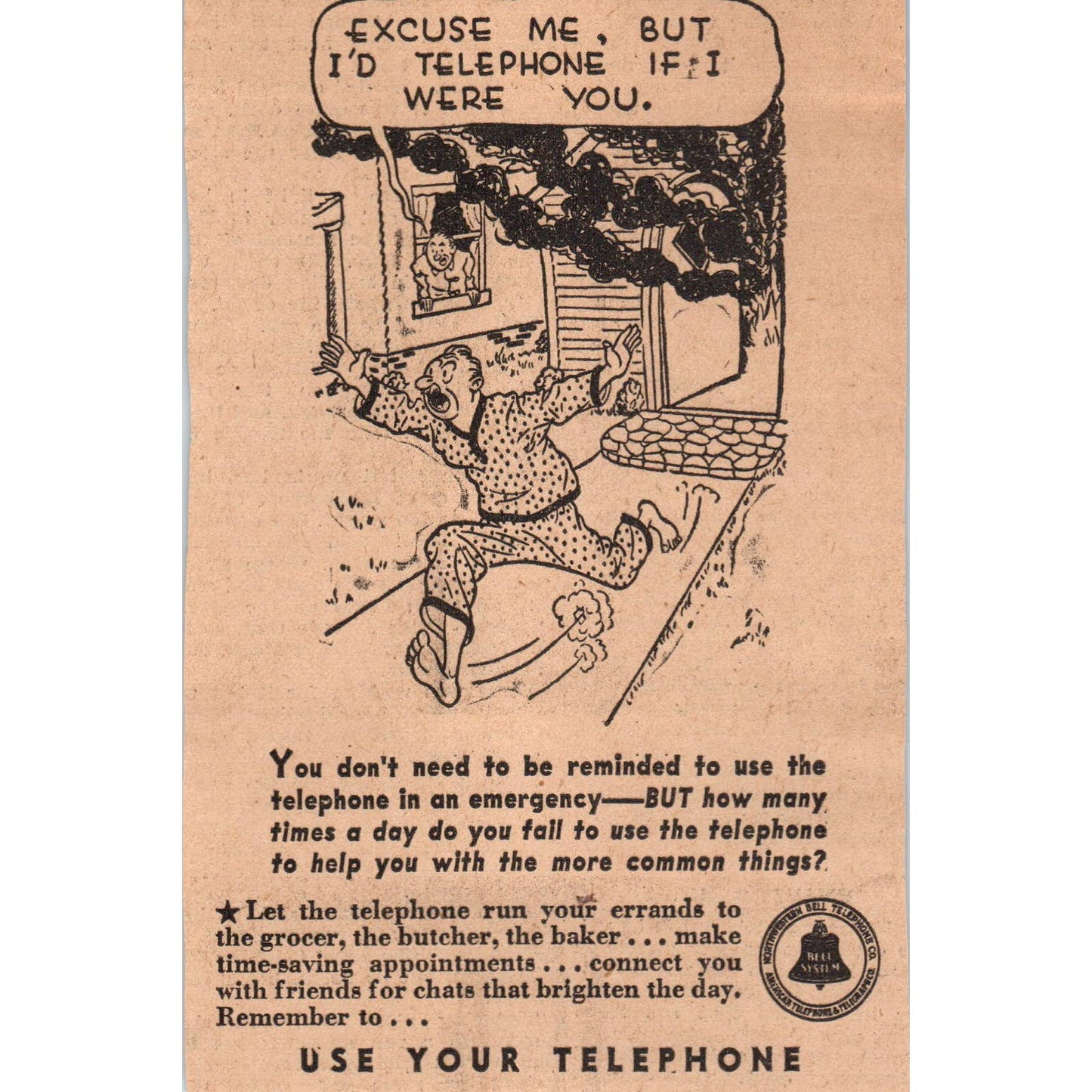 1935 Minneapolis Journal Newspaper Ad Bell Telephone Fire Cartoon FL5-3