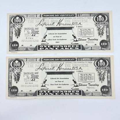 1961 Liberal Kansas Pancake Day Certificate Set of 2 Funny Money TF7