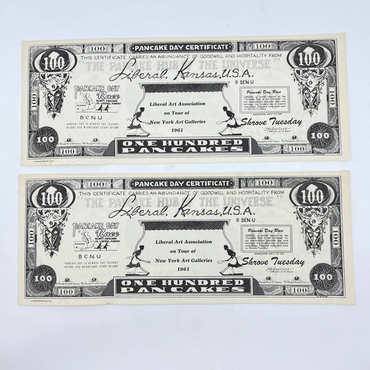 1961 Liberal Kansas Pancake Day Certificate Set of 2 Funny Money TF7