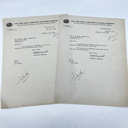 1923 Lake Erie & Western Railroad Co. Letterhead Memo RR Lot of 2 AB1-4