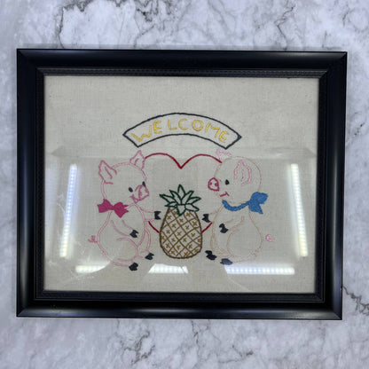 Vintage Kitschy Embroidery Wall Art WELCOME Pigs & Pineapple 9x11" TJ2