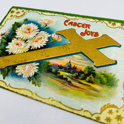 1910s Easter Post Card Embossed Cross Chrysanthemum Church Dresden Sunset PA5