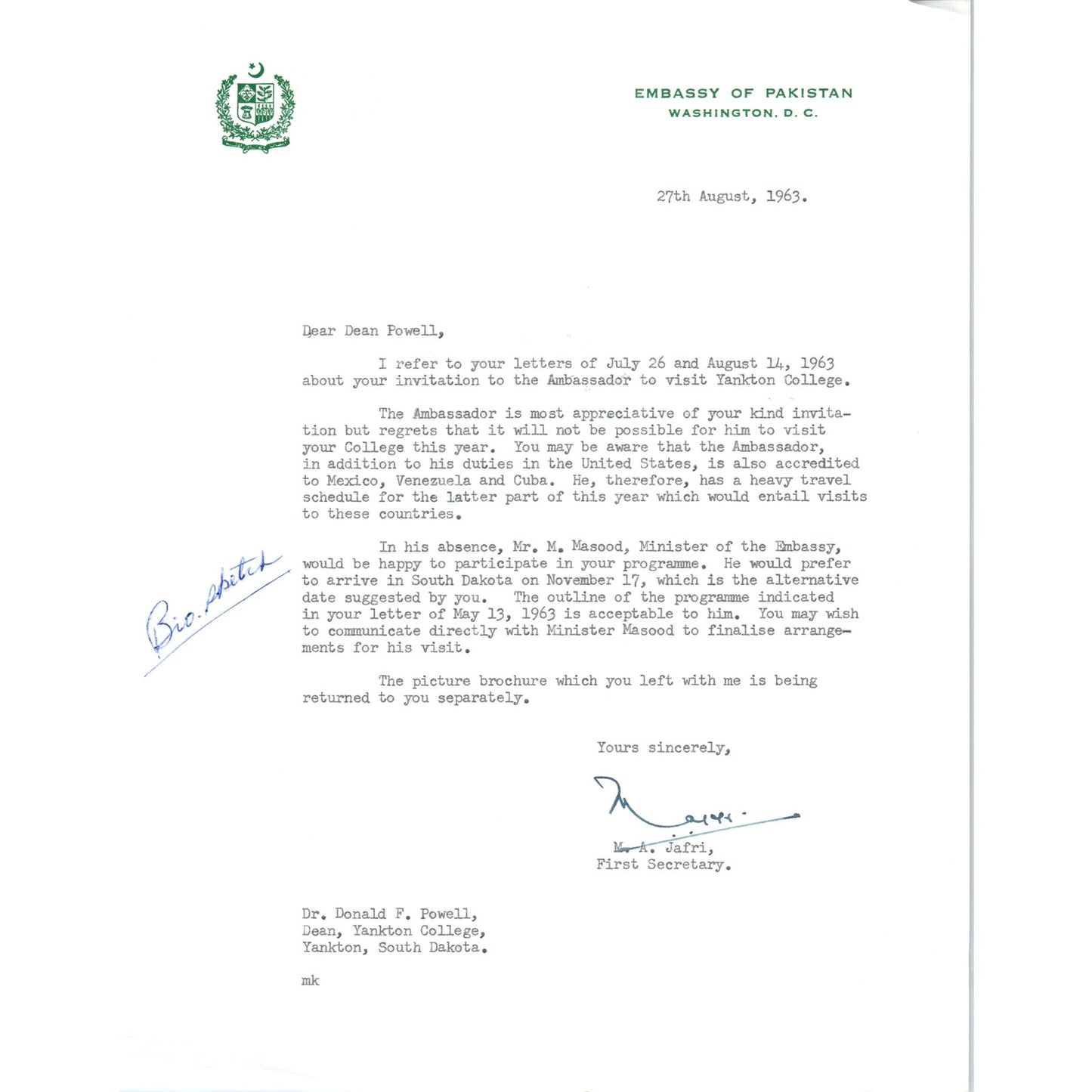 Copied - Embassy of Pakistan Official Letterhead Memo M. Masood 1963 B9