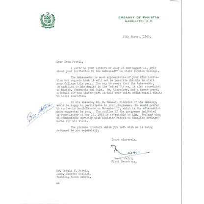 Copied - Embassy of Pakistan Official Letterhead Memo M. Masood 1963 B9