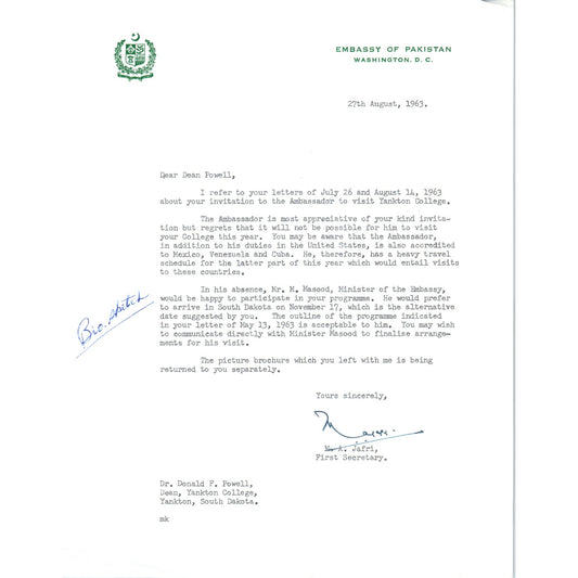 Copied - Embassy of Pakistan Official Letterhead Memo M. Masood 1963 B9