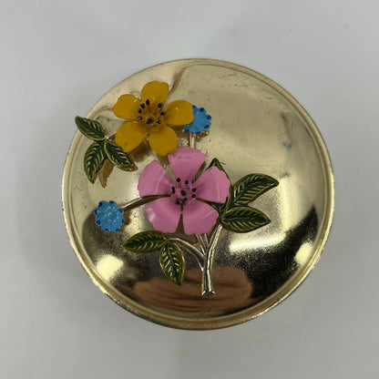 Vintage Brass Tone Enamel Flower Trinket Box Made in Korea 2.5” SC4
