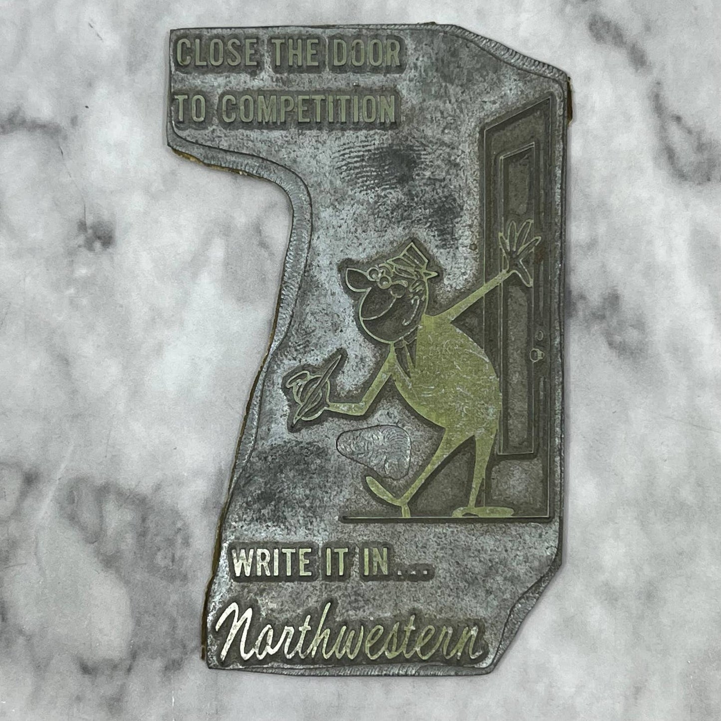 Vintage Letterpress Printers Block Plate Cartoon Write it in Northwestern TJ57