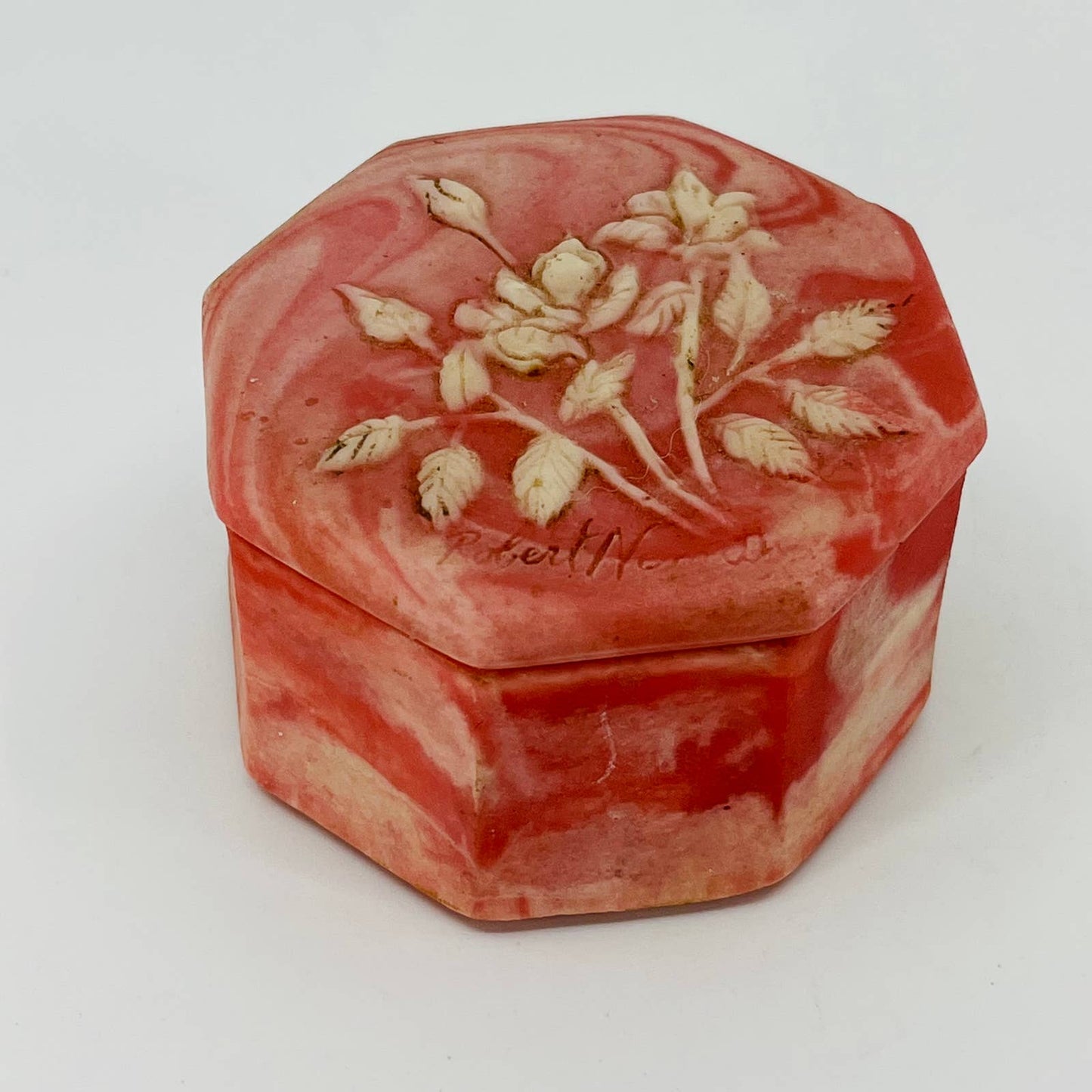 R. Nemith Incolay Octagonal Pink Rose Soapstone Rose Relief Trinket Box 2.5” TB7