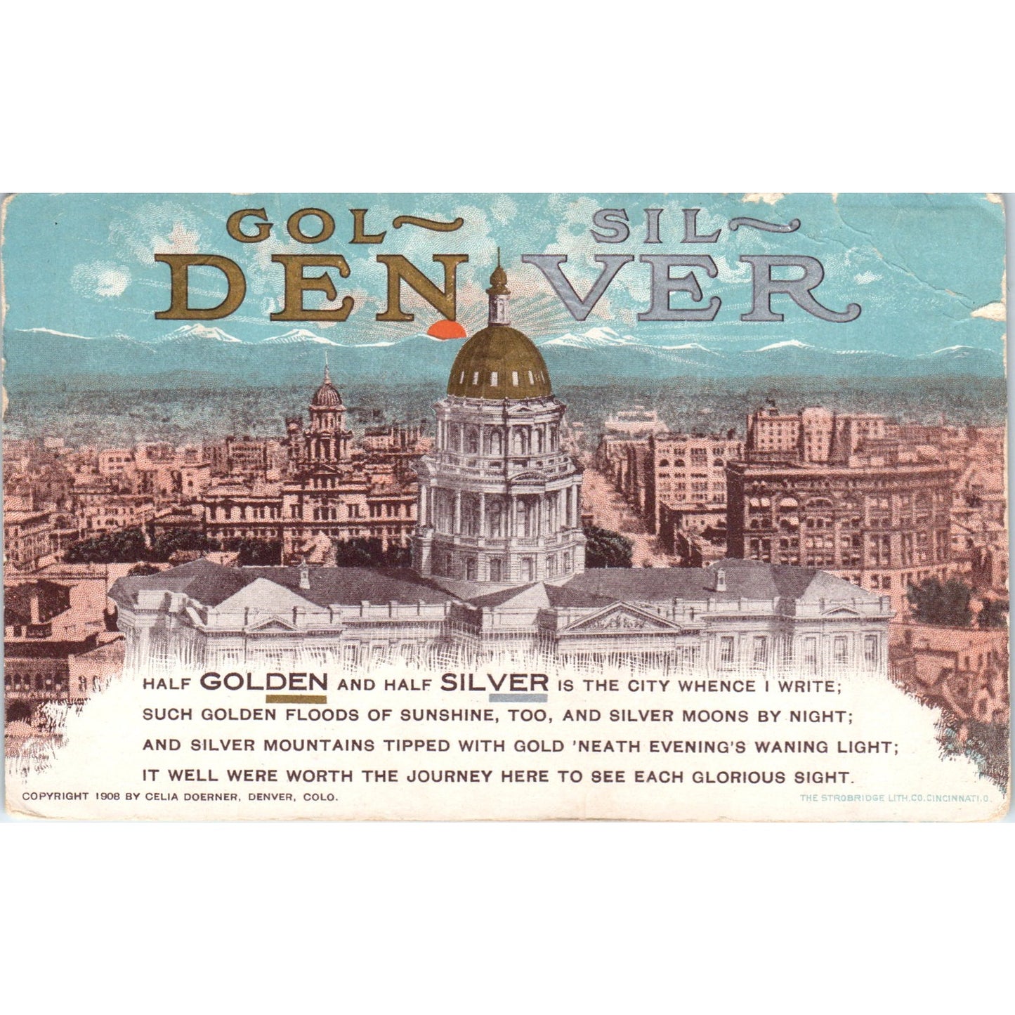 Denver Colorado Golden Silver Motto Verse Capitol c1910 Original Postcard P2-2