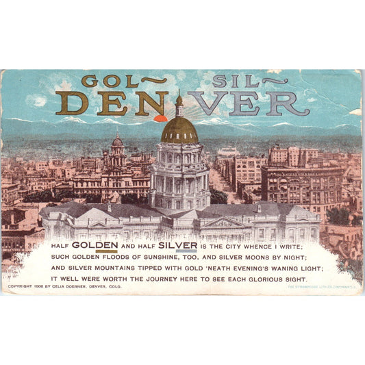 Denver Colorado Golden Silver Motto Verse Capitol c1910 Original Postcard P2-2