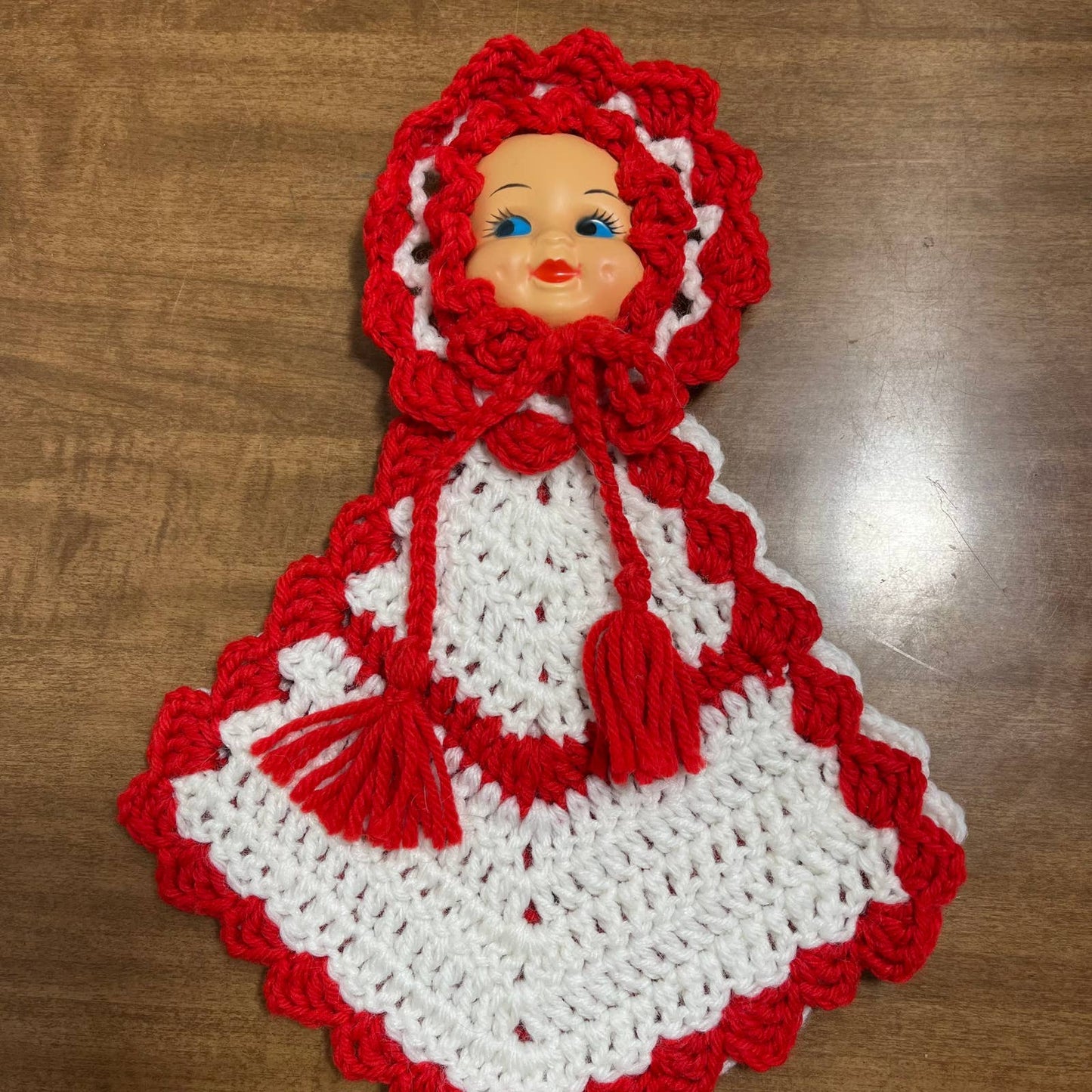 Vintage 1960s Crocheted Plastic Doll Face Pot Holder 12” TH6
