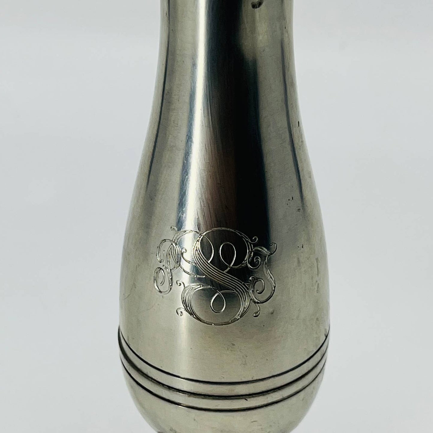 Vintage MCM 1950s Stieff Pewter Bud Vase, 7" Tall Monogram “PST” TD3