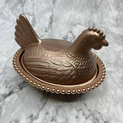 Vintage Rose Gold Glass Nesting Hen On Nest Candy Dish 5x7” TJ8