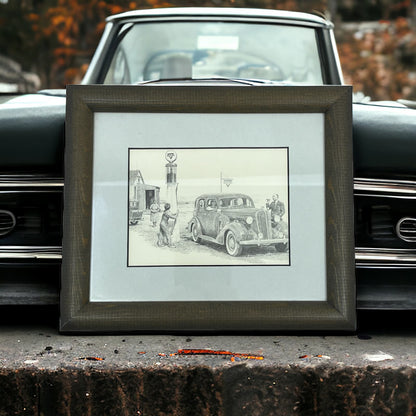 Framed Don Greytak Litho - "Conoco Fill-up" - Gas Station 6.5x8” TE5