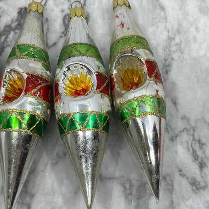 Lot of 4 VTG Recessed Teardrop Mica Stencil Blown Mercury Glass Ornaments OT2