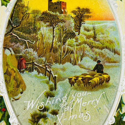 1910s Christmas Post Card Embossed Holly Silver Snow Shepard Sheep Castle PA4