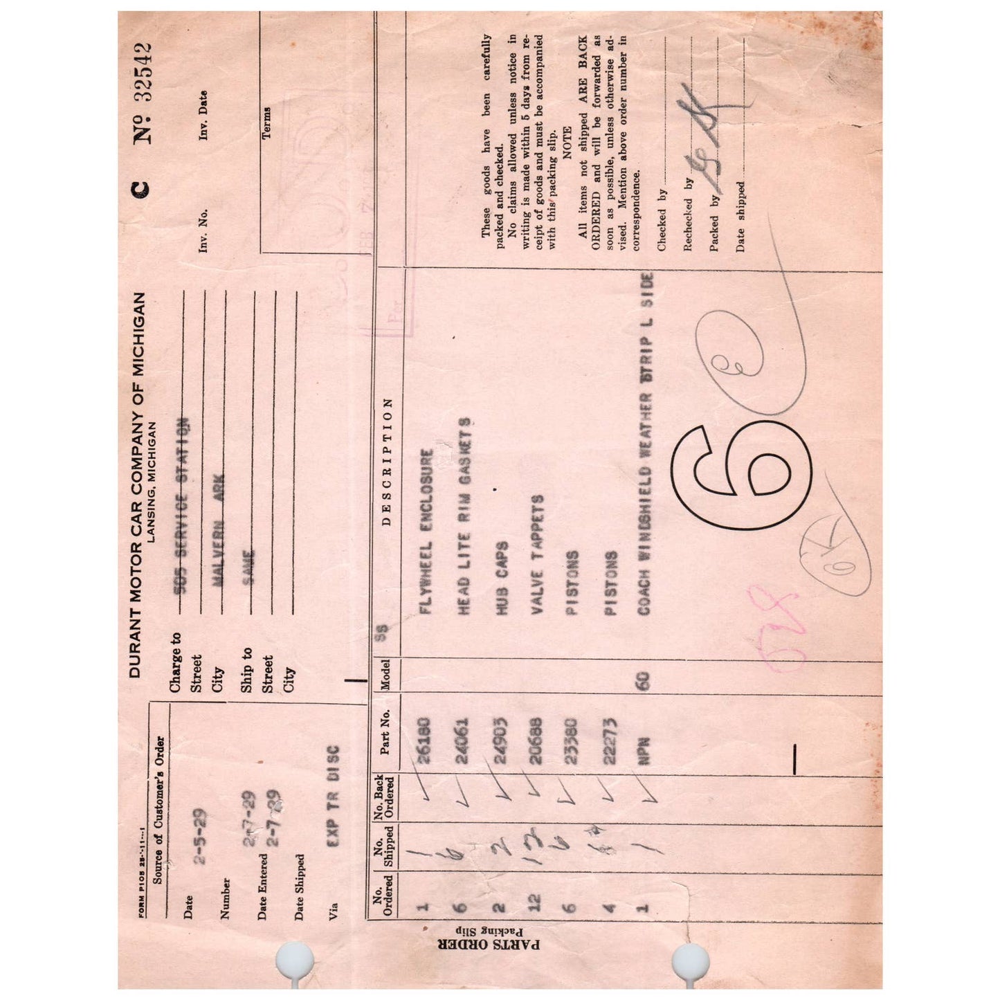 1929 2/5 Durant Motor Car Company Lansing MI Invoice Billhead Auto Parts AC9