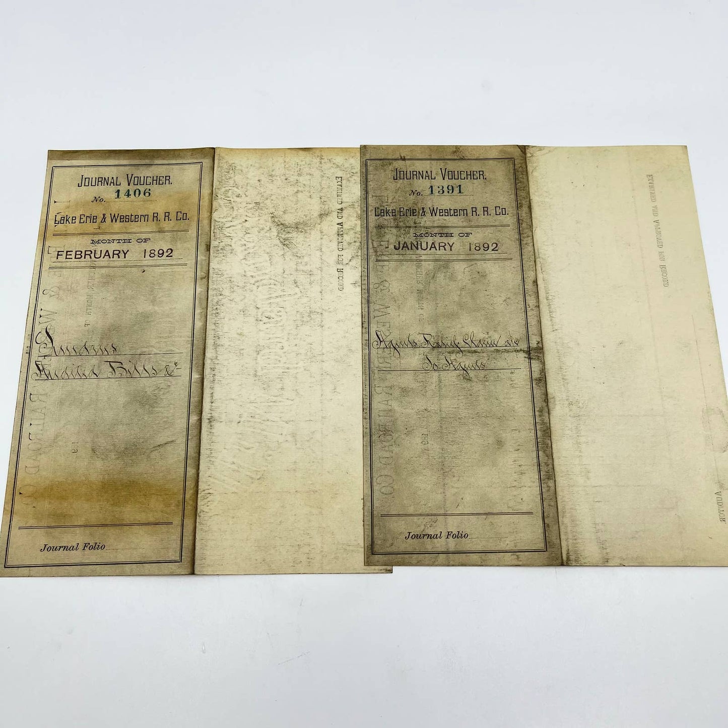 1892 Lake Erie & Western Railroad Co. Journal Voucher RR Lot of 2 AB1-1