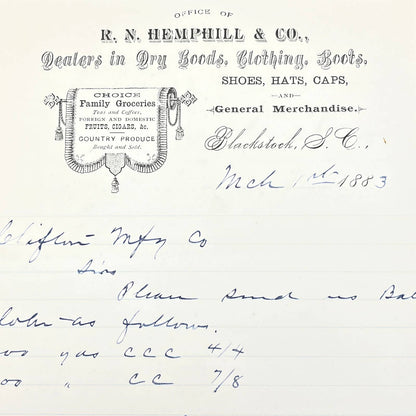 1883 R.N. Hemphill & Co Dry Goods Letterhead Bill Head Receipt Blackstock SC AB9