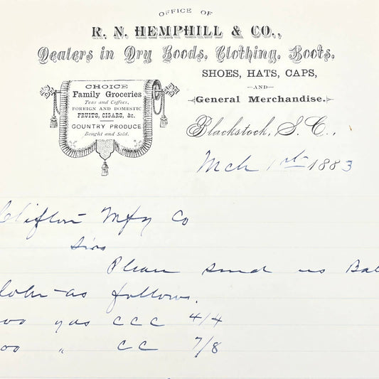 1883 R.N. Hemphill & Co Dry Goods Letterhead Bill Head Receipt Blackstock SC AB9