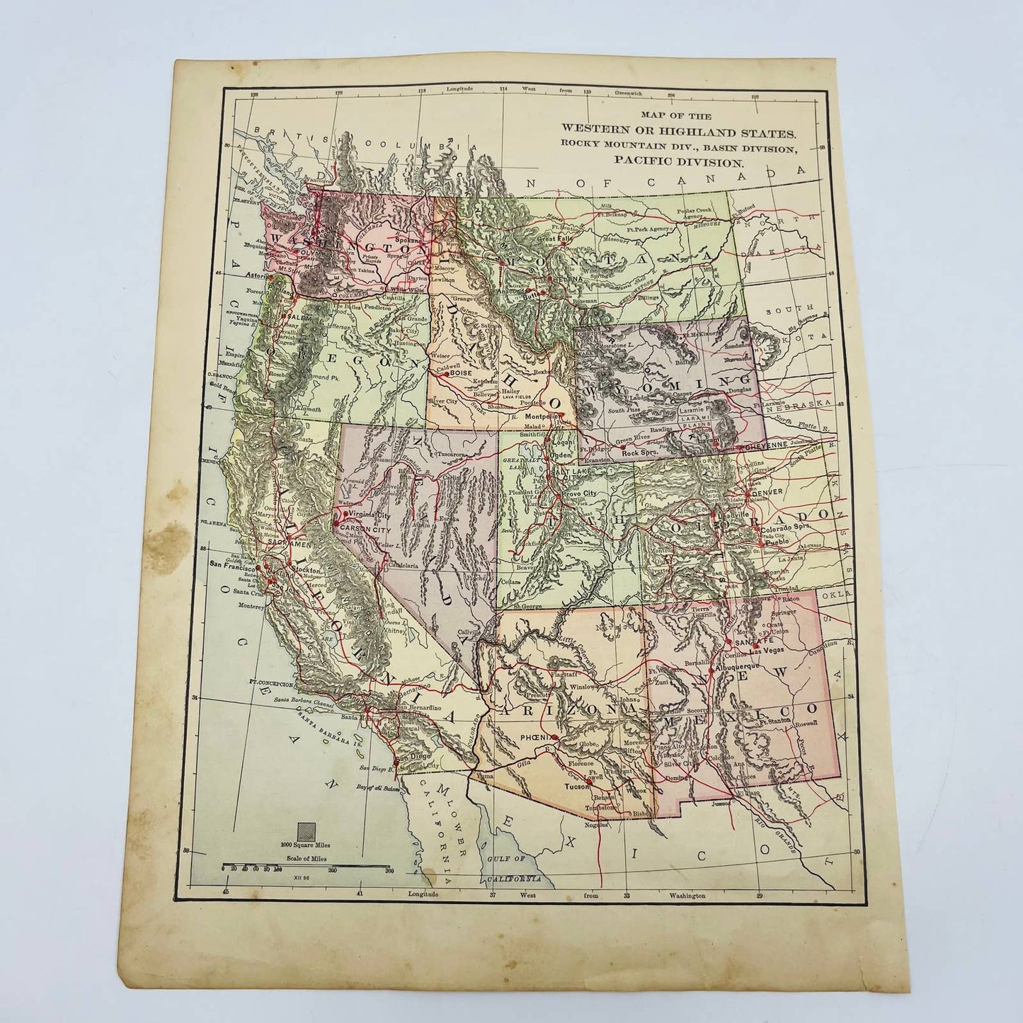 1896 Harper’s Map West Highland USA WA OR CA AZ NM CO UT NV ID WY MT 9x12” FL1