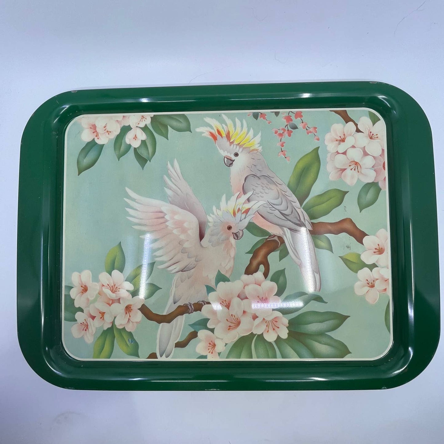 1950's Set of 4 MCM Cockatiel Tropical Toleware Tin Litho Trays 17.5 x 13” TH9-2