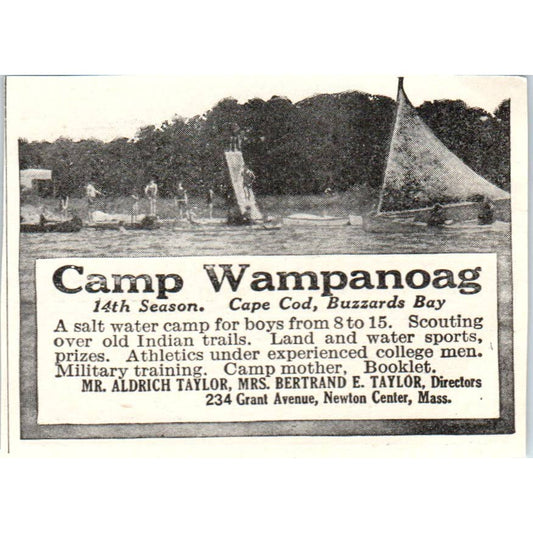 c1920 Harper's Ad - Camp Wampanoag Cape Cod Buzzards Bay Aldrich Taylor EA3-1