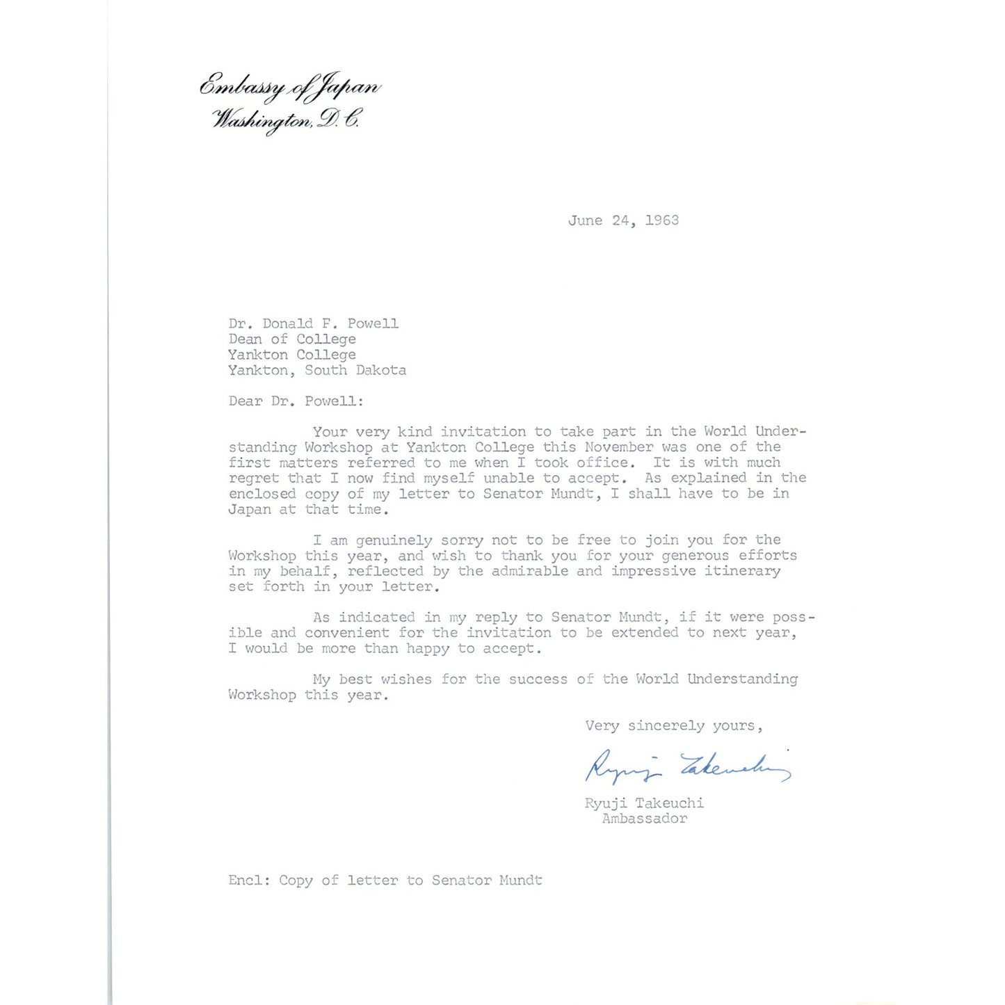 Embassy of Japan Letterhead Memo Ryuji Takeuchi 7/24/63 B14