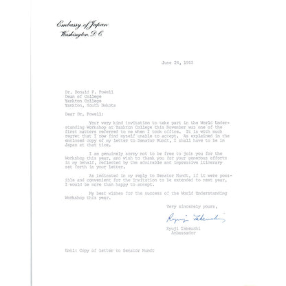 Embassy of Japan Letterhead Memo Ryuji Takeuchi 7/24/63 B14