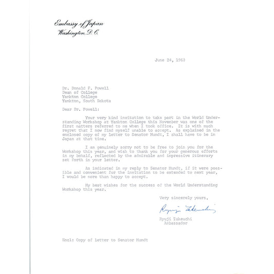 Embassy of Japan Letterhead Memo Ryuji Takeuchi 7/24/63 B14