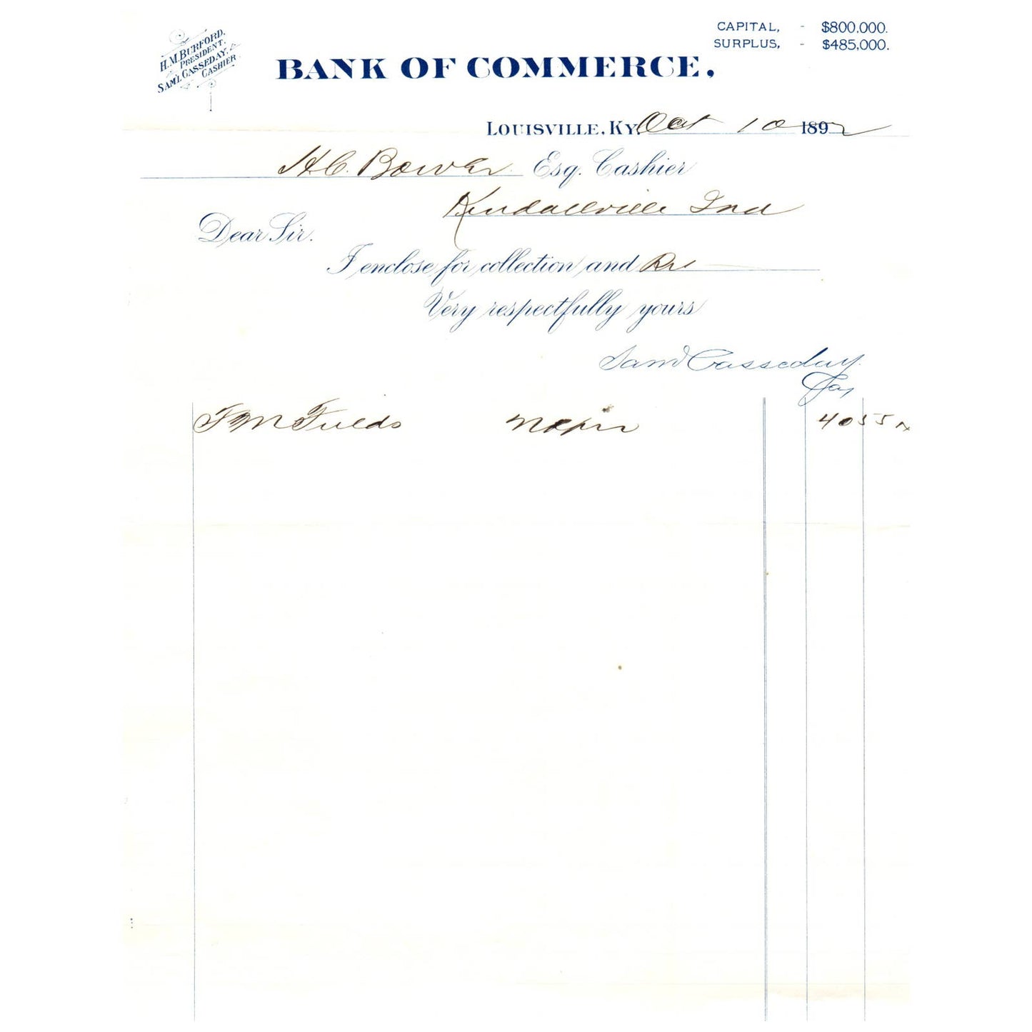 1892 Bank of Commerce Receipt Louisville KY H.M. Burford Sam L. Casseday AD8-2