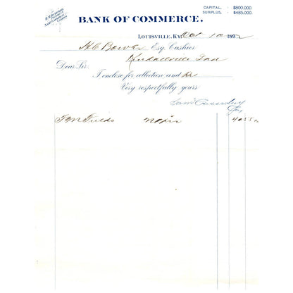 1892 Bank of Commerce Receipt Louisville KY H.M. Burford Sam L. Casseday AD8-2