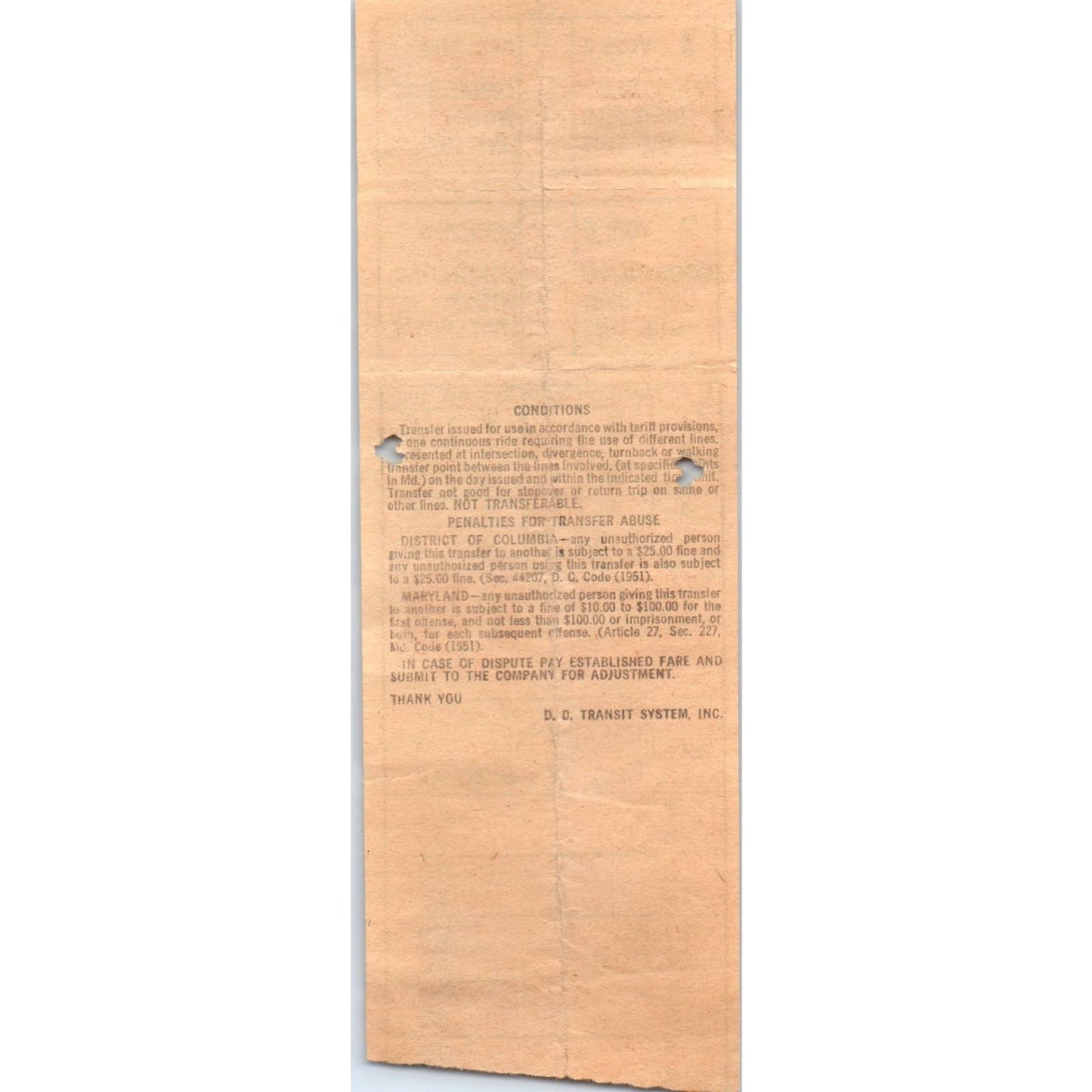 1971 Washington DC Transit System Transfer Ticket SE8