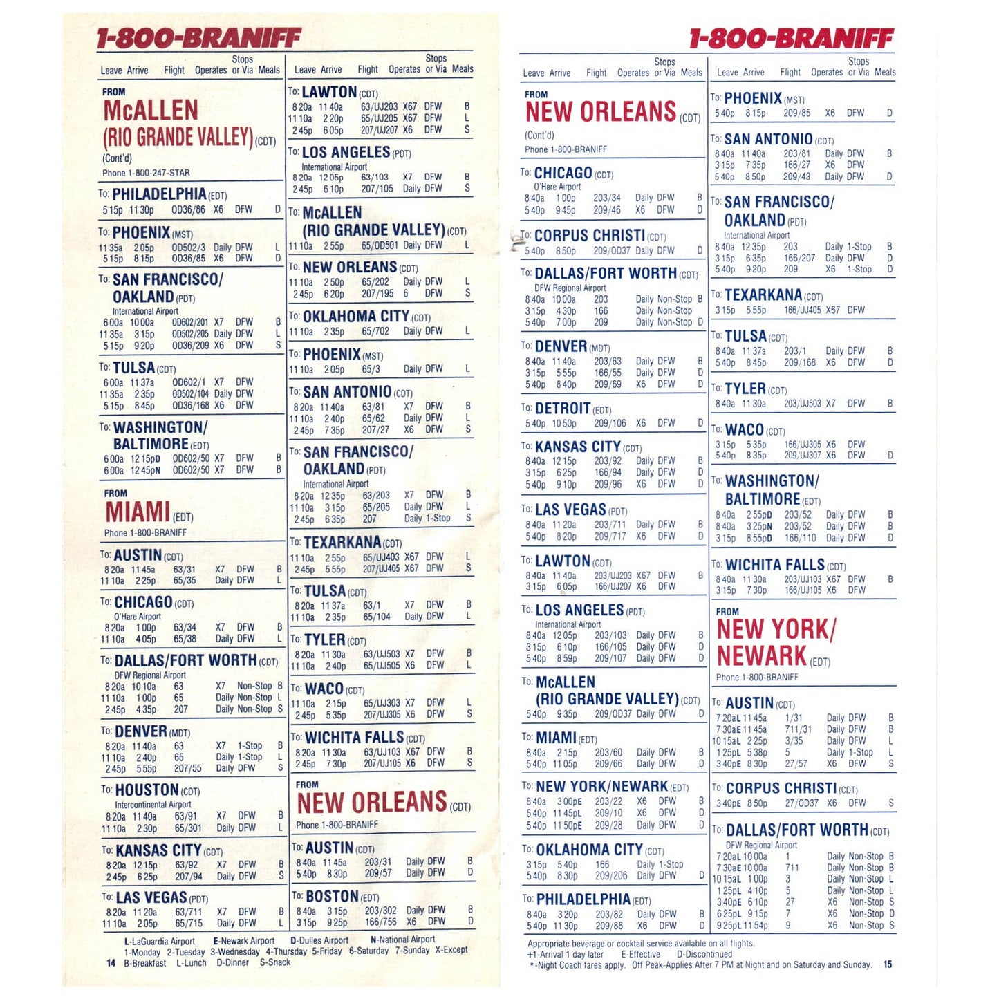 1984 Braniff MK LI Inaugural System Schedule Timetable Brochure SE4