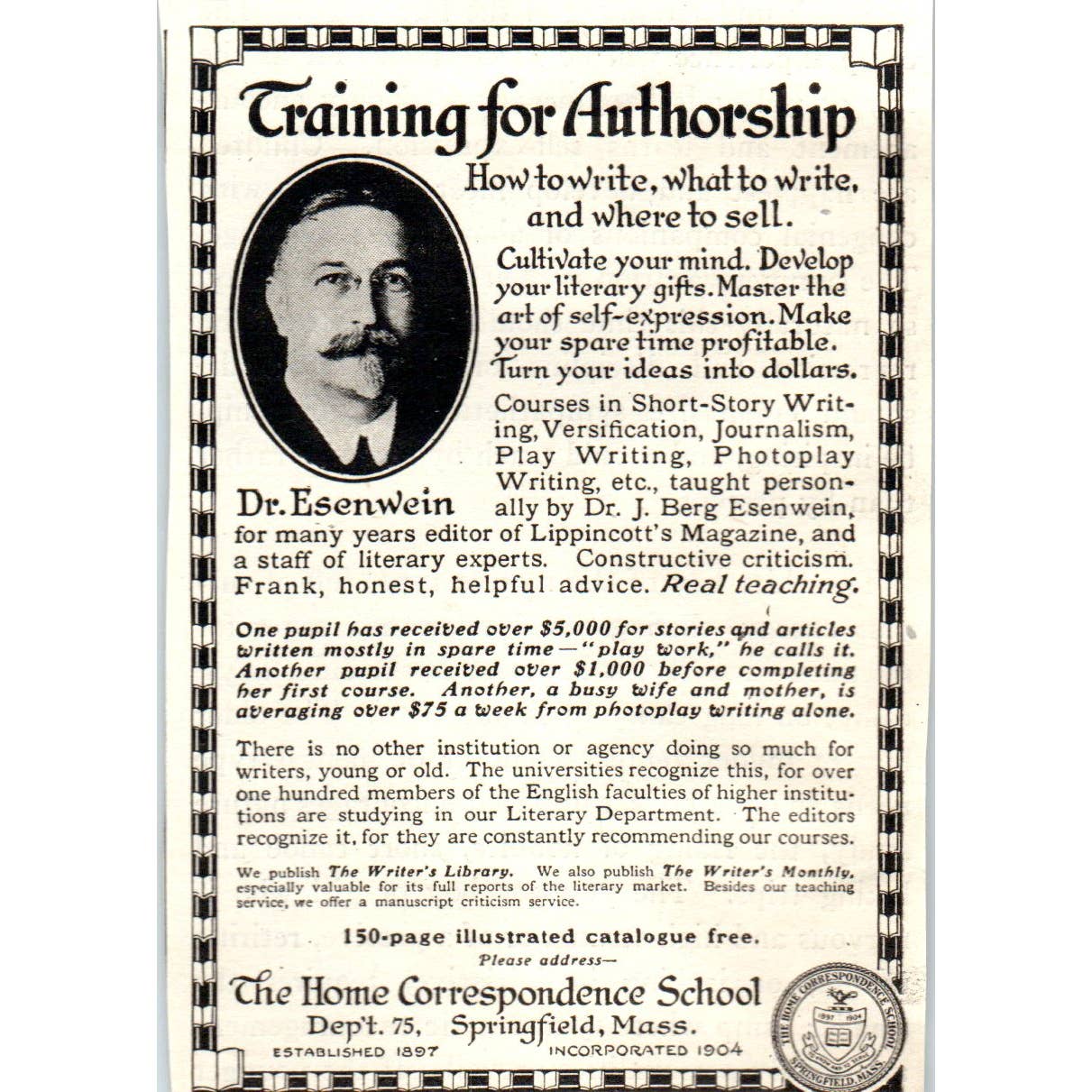 c1920 Harper's Ad-Training for Authorship Dr. Esenwein Correspondence School EA3