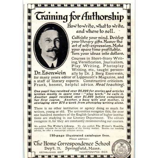 c1920 Harper's Ad-Training for Authorship Dr. Esenwein Correspondence School EA3