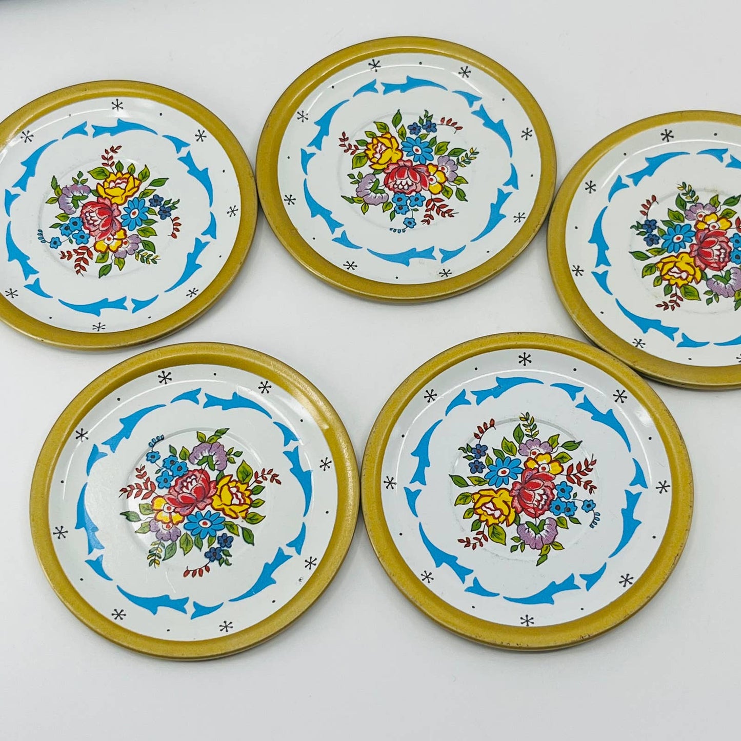 1950s MCM Ohio Art Tin Litho Tea Set Plates Cups Floral Blue 19pc TD2