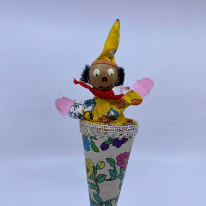 Vintage Wood Cone Puppet Yellow Pop Up Peek A Boo Handmade TH6