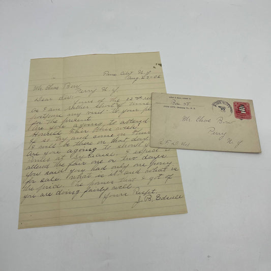 1906 Postal Cover & Letter Pine City to Perry NY Charles Bun AA6