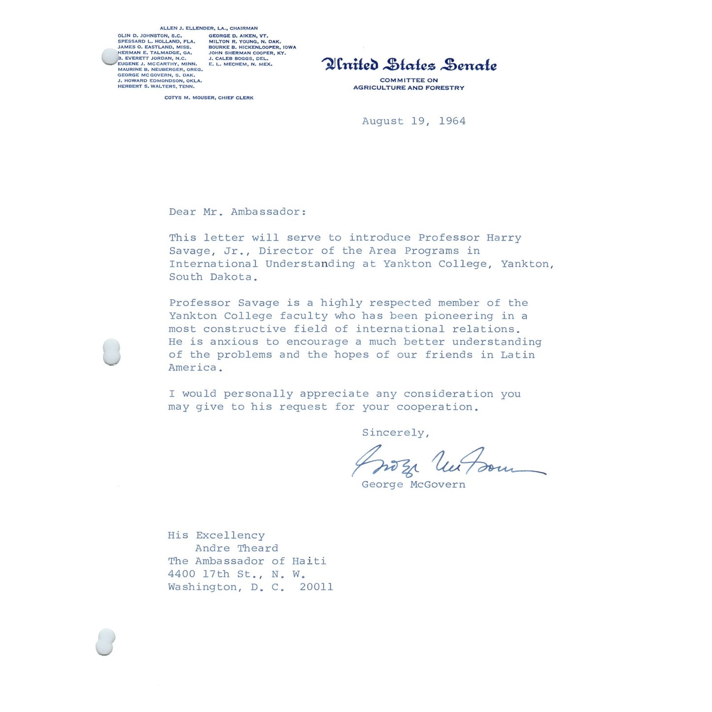 South Dakota Senator George McGovern Official Letterhead Signed Aug 1964 B12