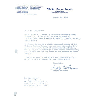 South Dakota Senator George McGovern Official Letterhead Signed Aug 1964 B12