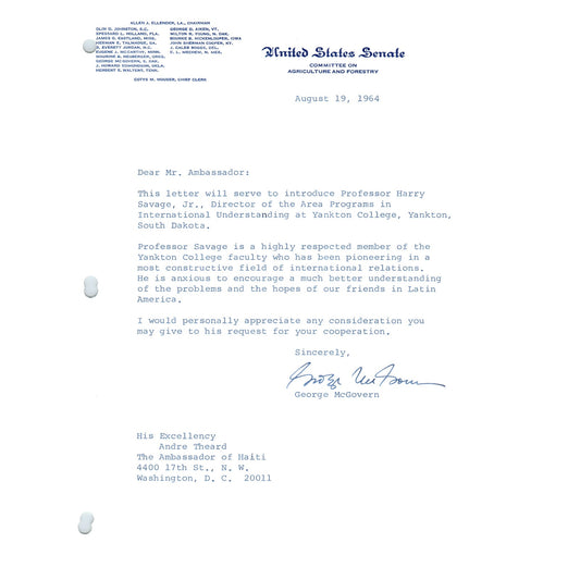 South Dakota Senator George McGovern Official Letterhead Signed Aug 1964 B12