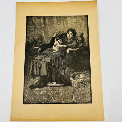 1880s Victorian Art Print Engraving Woman Playing With White Kitten C10