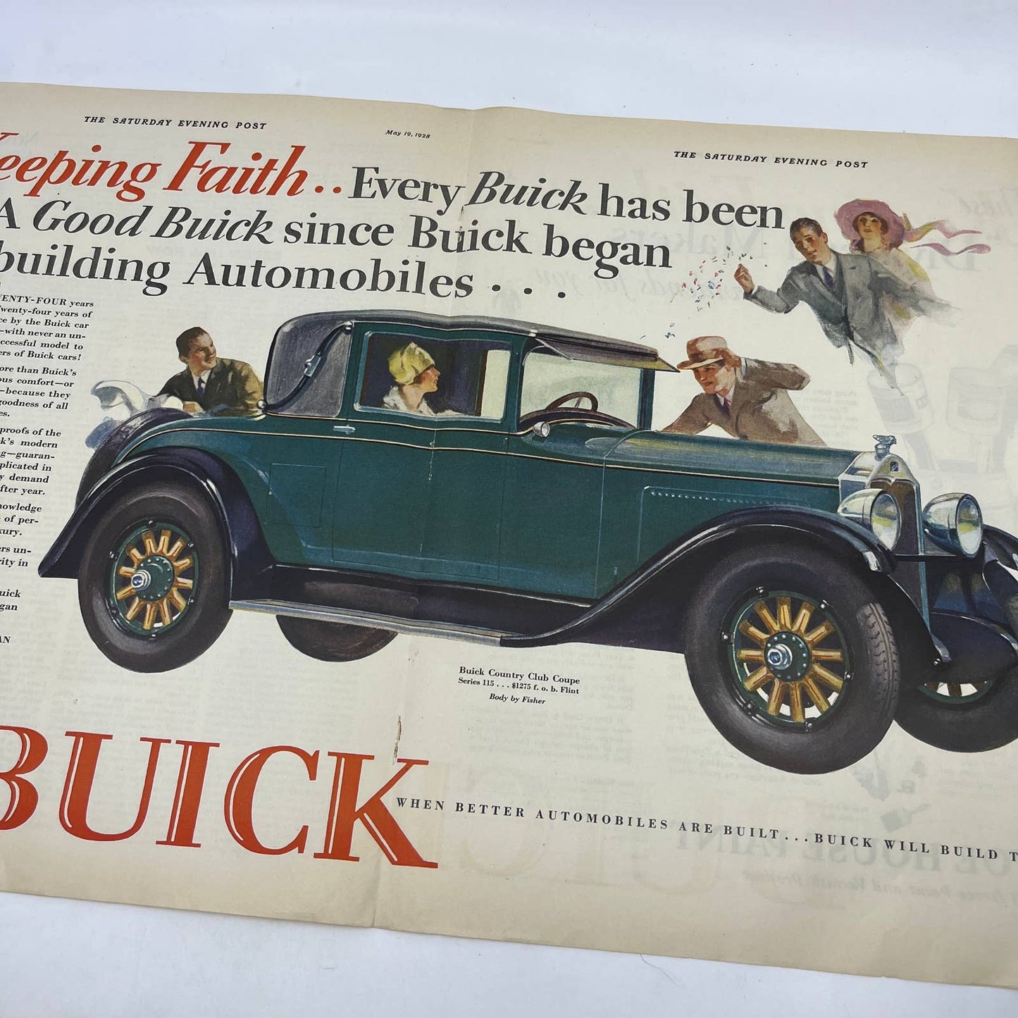 1928 Saturday Evening Post Centerfold Color Buick Automobile Ad FL4