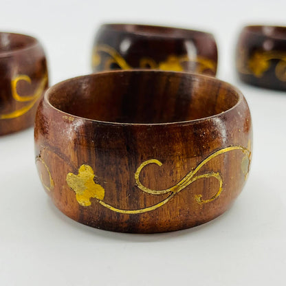 VINTAGE Art Nouveau Napkin Bands Rings Wood w/ Brass Inlay Set of 10 TD2