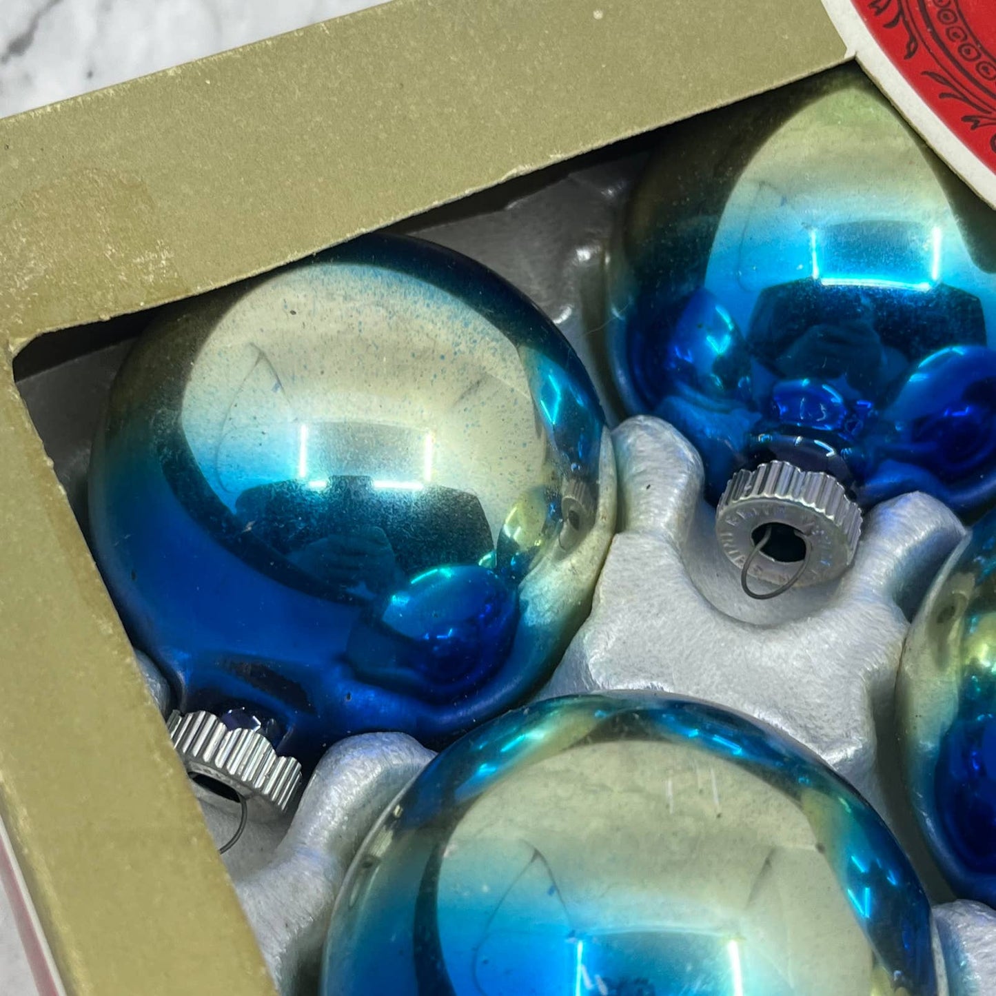 Shiny Brite 12 Vtg 2 5/8" Mercury Glass Ornaments Original Box Blue Ombre TJ9