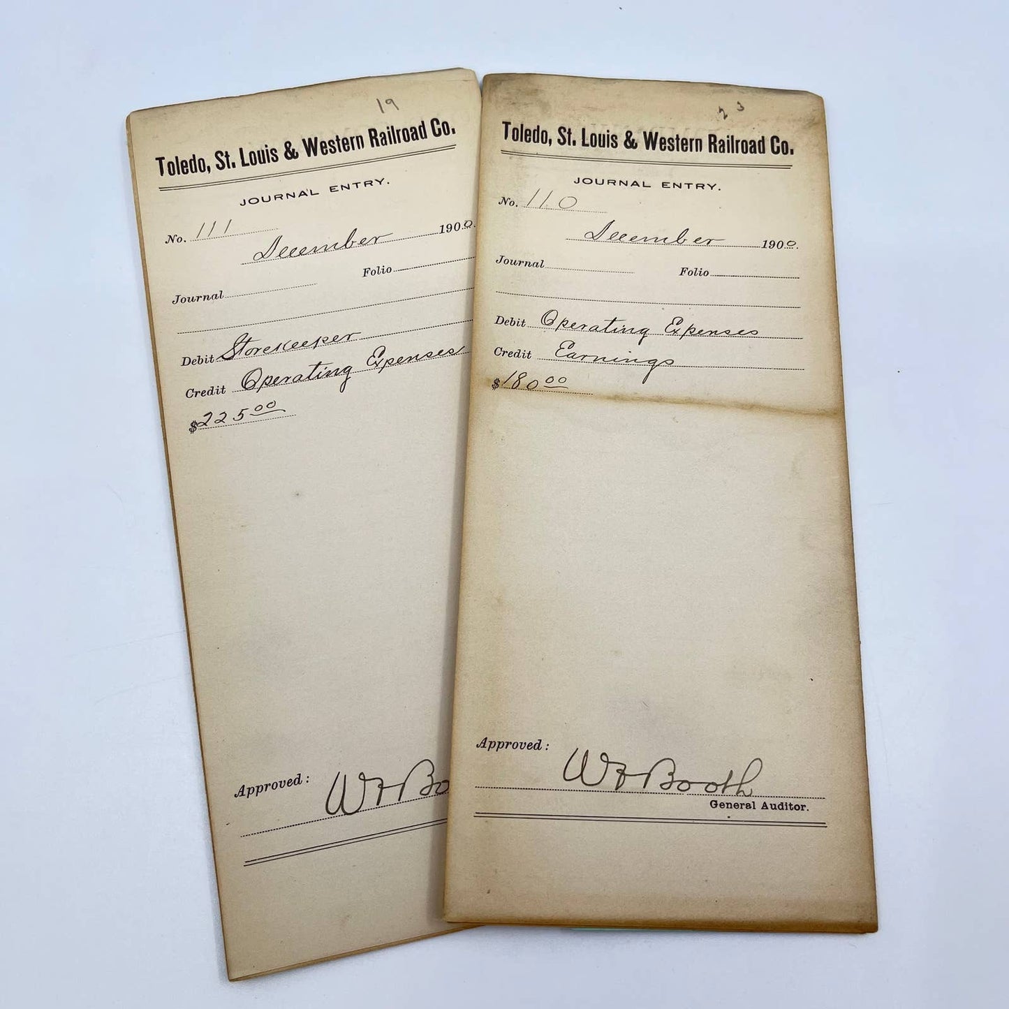 1900 Toledo, St. Louis & Western Railroad Company Journal Entry Lot of 2 AB2-2