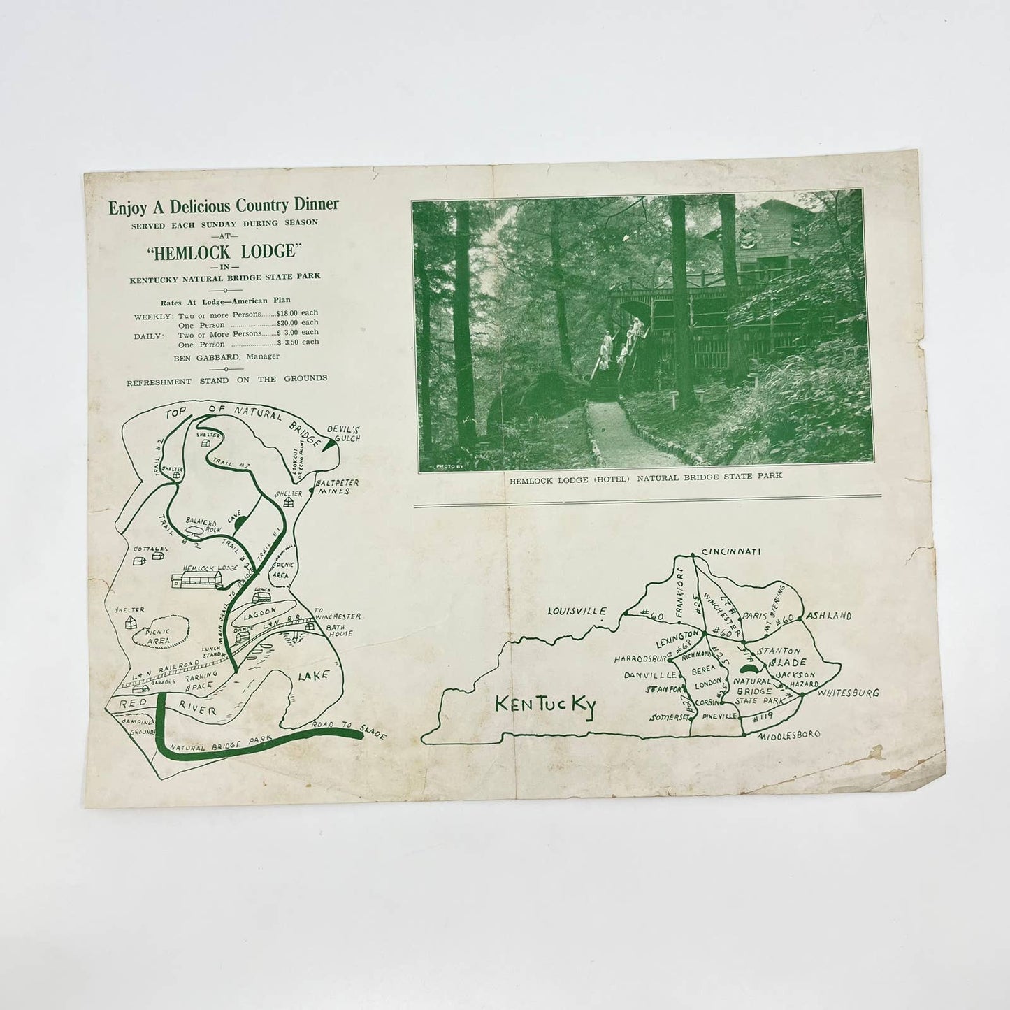 1930s Brochure Leaflet Map Hemlock Lodge Kentucky Natural Bridge State Park AA9