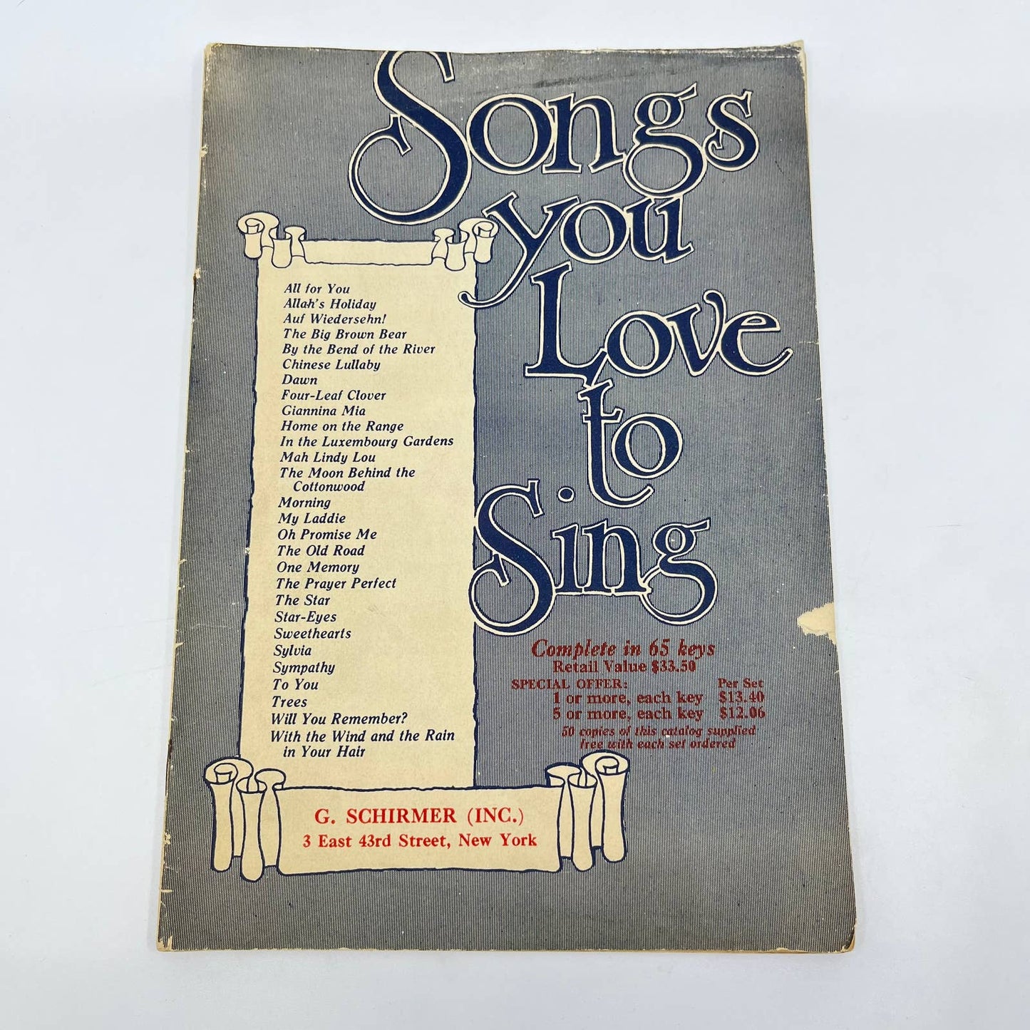 1919 Songs You Love to Sing Sheet Music Catalog G. Schirmer TE9